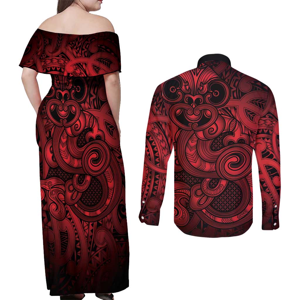 Aotearoa Maori Hei Tiki Couples Matching Off Shoulder Maxi Dress and Long Sleeve Button Shirt Whero Kowhaiwhai Puhoro Motif