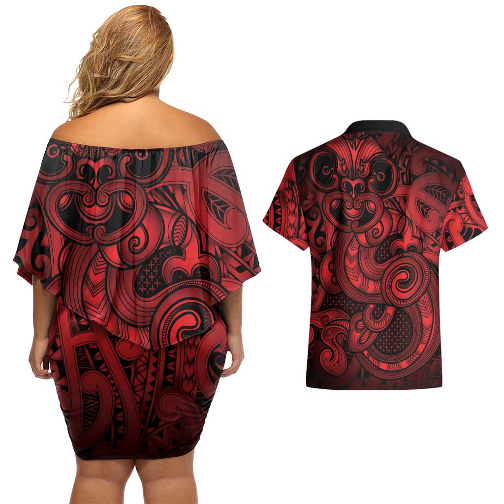 Aotearoa Maori Hei Tiki Couples Matching Off Shoulder Short Dress and Hawaiian Shirt Whero Kowhaiwhai Puhoro Motif