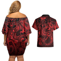 Aotearoa Maori Hei Tiki Couples Matching Off Shoulder Short Dress and Hawaiian Shirt Whero Kowhaiwhai Puhoro Motif