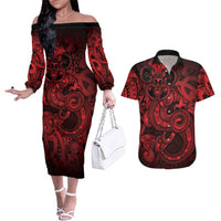 Aotearoa Maori Hei Tiki Couples Matching Off The Shoulder Long Sleeve Dress and Hawaiian Shirt Whero Kowhaiwhai Puhoro Motif LT9 Red - Polynesian Pride