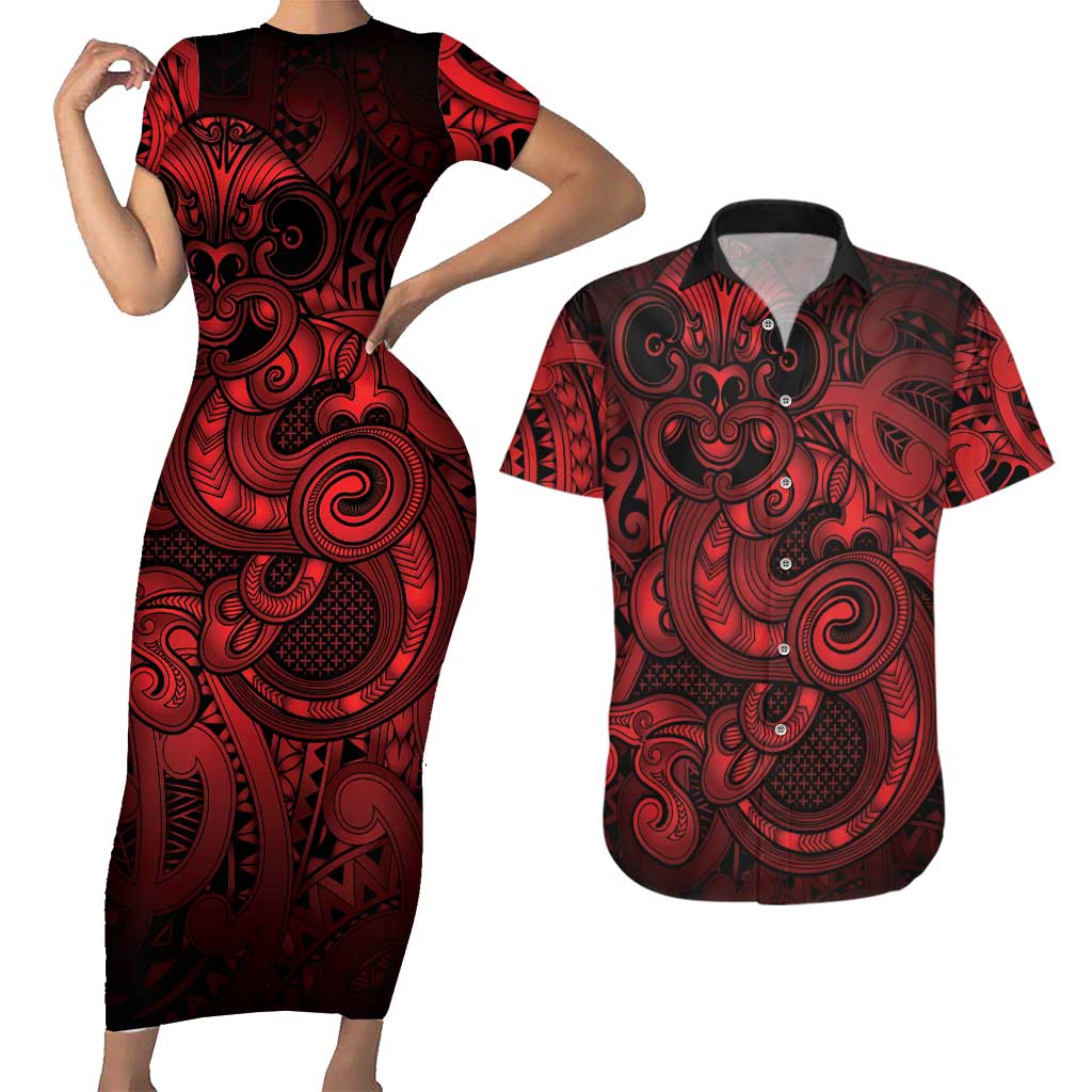 Aotearoa Maori Hei Tiki Couples Matching Short Sleeve Bodycon Dress and Hawaiian Shirt Whero Kowhaiwhai Puhoro Motif