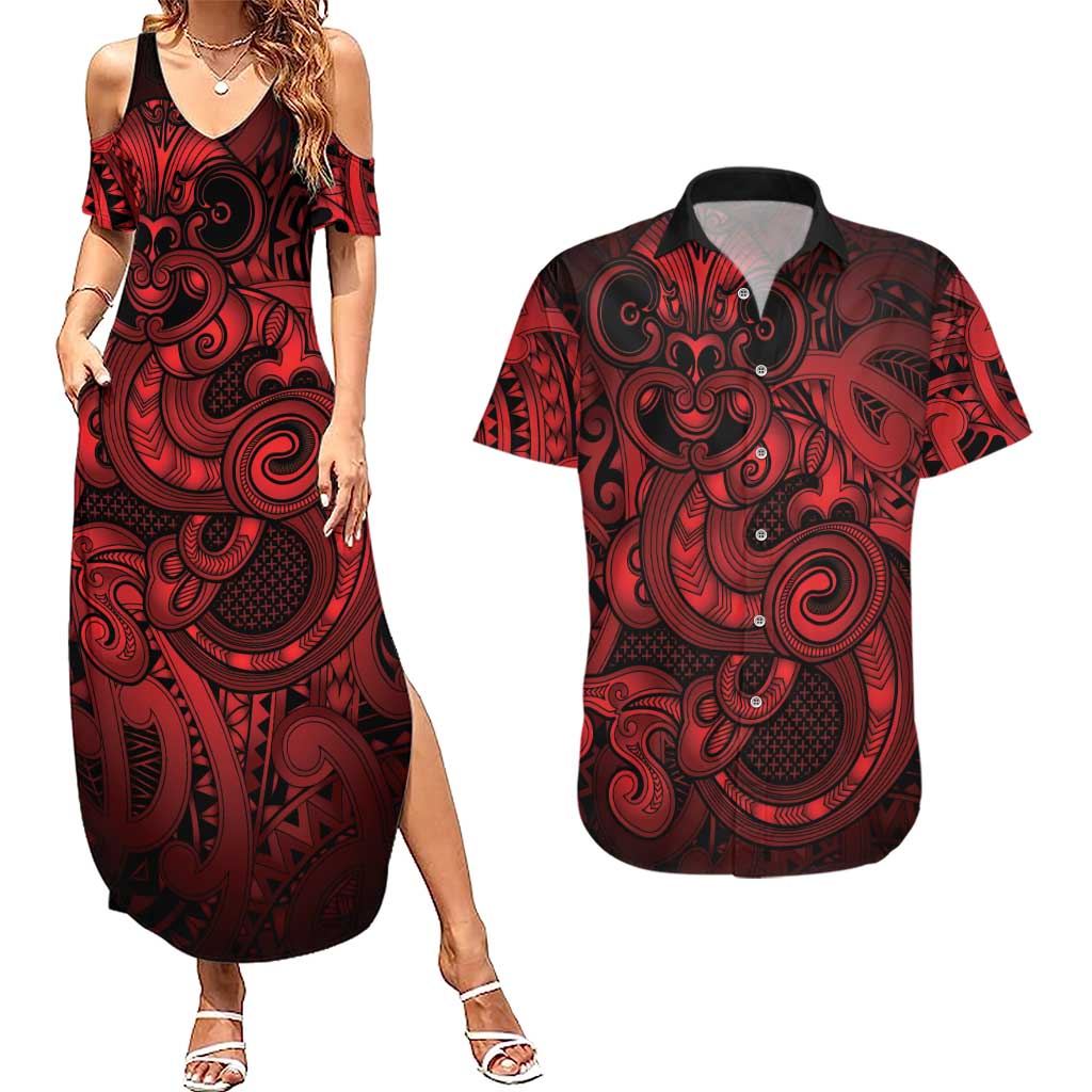 Aotearoa Maori Hei Tiki Couples Matching Summer Maxi Dress and Hawaiian Shirt Whero Kowhaiwhai Puhoro Motif