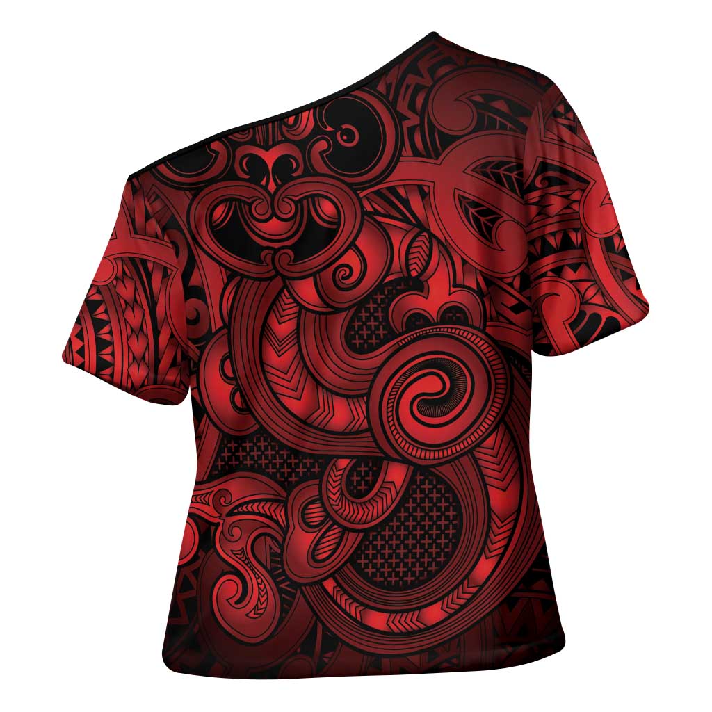 Aotearoa Maori Hei Tiki Cross Shoulder Shirt Whero Kowhaiwhai Puhoro Motif LT9 - Polynesian Pride