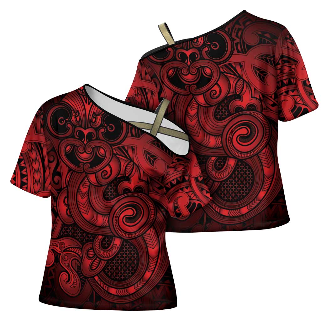 Aotearoa Maori Hei Tiki Cross Shoulder Shirt Whero Kowhaiwhai Puhoro Motif LT9 - Polynesian Pride