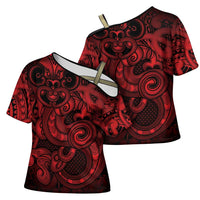 Aotearoa Maori Hei Tiki Cross Shoulder Shirt Whero Kowhaiwhai Puhoro Motif LT9 - Polynesian Pride