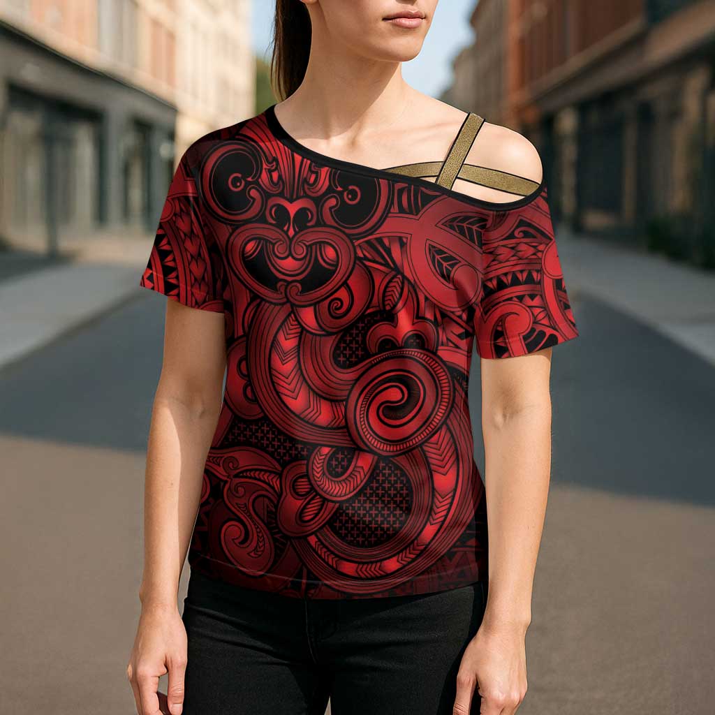 Aotearoa Maori Hei Tiki Cross Shoulder Shirt Whero Kowhaiwhai Puhoro Motif LT9 - Polynesian Pride