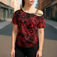 Aotearoa Maori Hei Tiki Cross Shoulder Shirt Whero Kowhaiwhai Puhoro Motif LT9 - Polynesian Pride