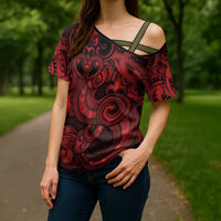 Aotearoa Maori Hei Tiki Cross Shoulder Shirt Whero Kowhaiwhai Puhoro Motif LT9 - Polynesian Pride