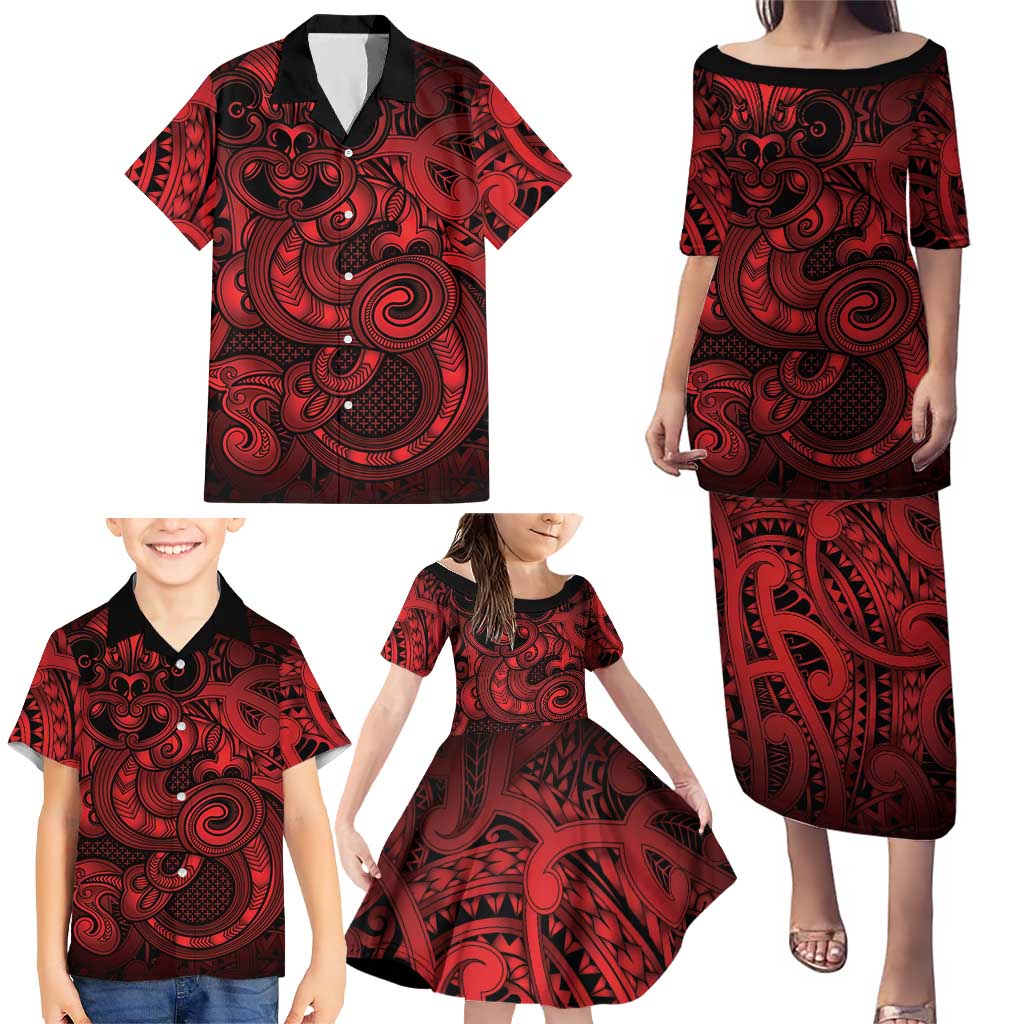 Aotearoa Maori Hei Tiki Family Matching Puletasi and Hawaiian Shirt Whero Kowhaiwhai Puhoro Motif