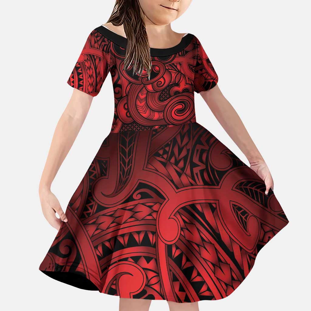 Aotearoa Maori Hei Tiki Family Matching Summer Maxi Dress and Hawaiian Shirt Whero Kowhaiwhai Puhoro Motif LT9 Daughter's Dress Red - Polynesian Pride