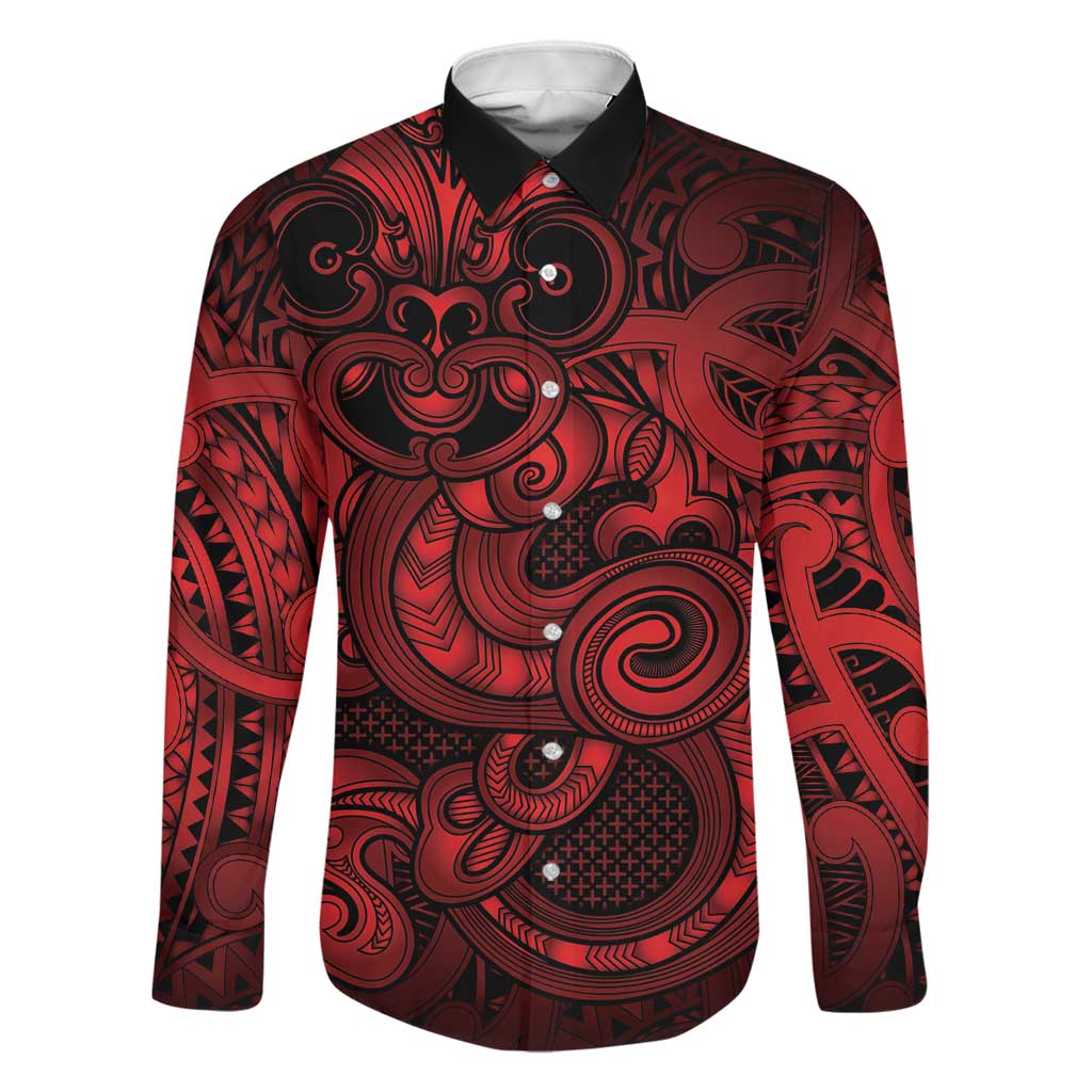 Aotearoa Maori Hei Tiki Family Matching Summer Maxi Dress and Hawaiian Shirt Whero Kowhaiwhai Puhoro Motif LT9 Dad's Shirt - Long Sleeve Red - Polynesian Pride