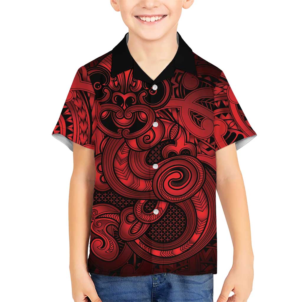 Aotearoa Maori Hei Tiki Family Matching Summer Maxi Dress and Hawaiian Shirt Whero Kowhaiwhai Puhoro Motif LT9 Son's Shirt Red - Polynesian Pride
