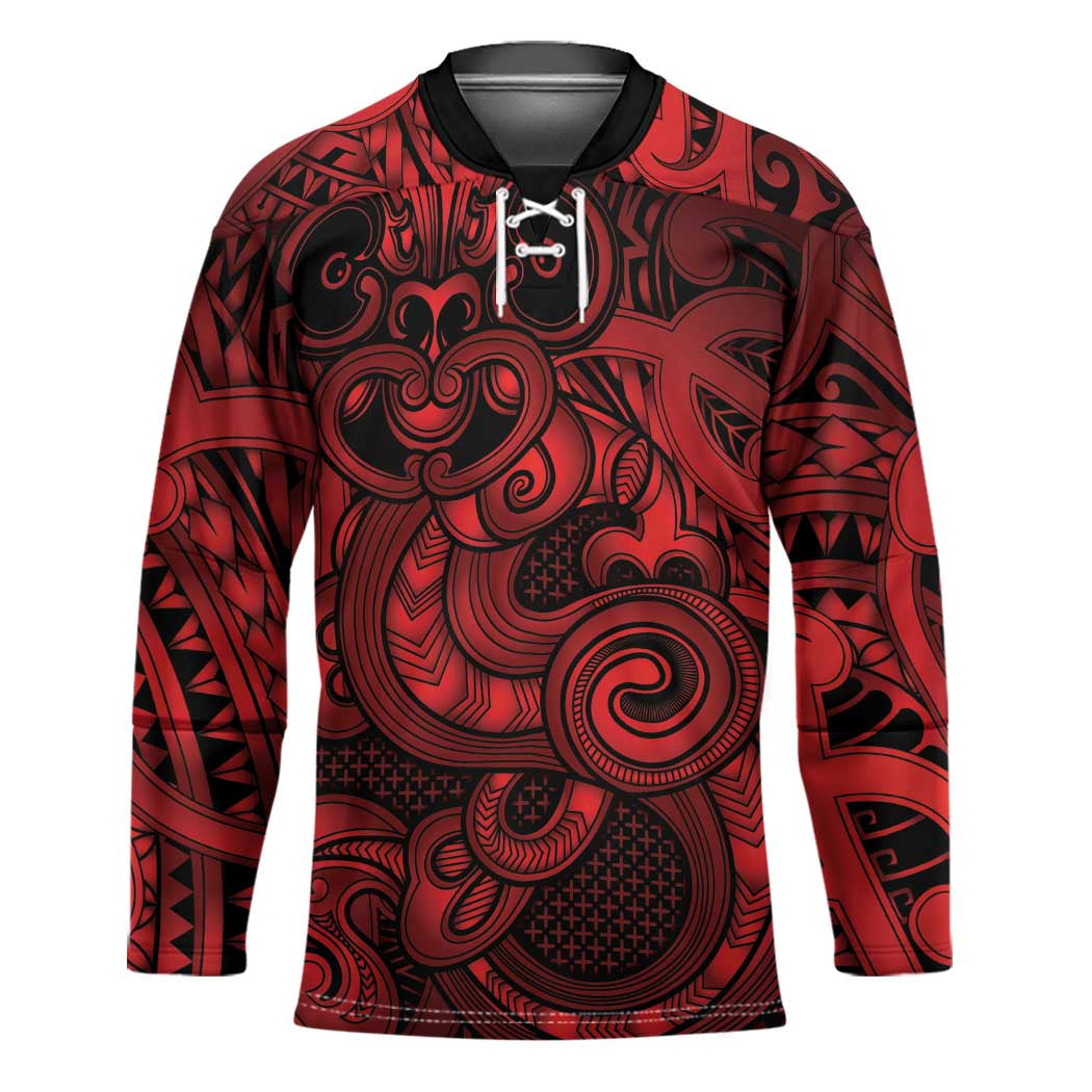 Aotearoa Maori Hei Tiki Hockey Jersey Whero Kowhaiwhai Puhoro Motif LT9 Unisex Red - Polynesian Pride