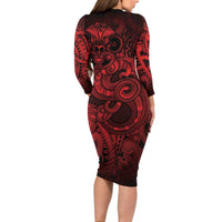 Aotearoa Maori Hei Tiki Long Sleeve Bodycon Dress Whero Kowhaiwhai Puhoro Motif