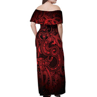 Aotearoa Maori Hei Tiki Off Shoulder Maxi Dress Whero Kowhaiwhai Puhoro Motif LT9 - Polynesian Pride