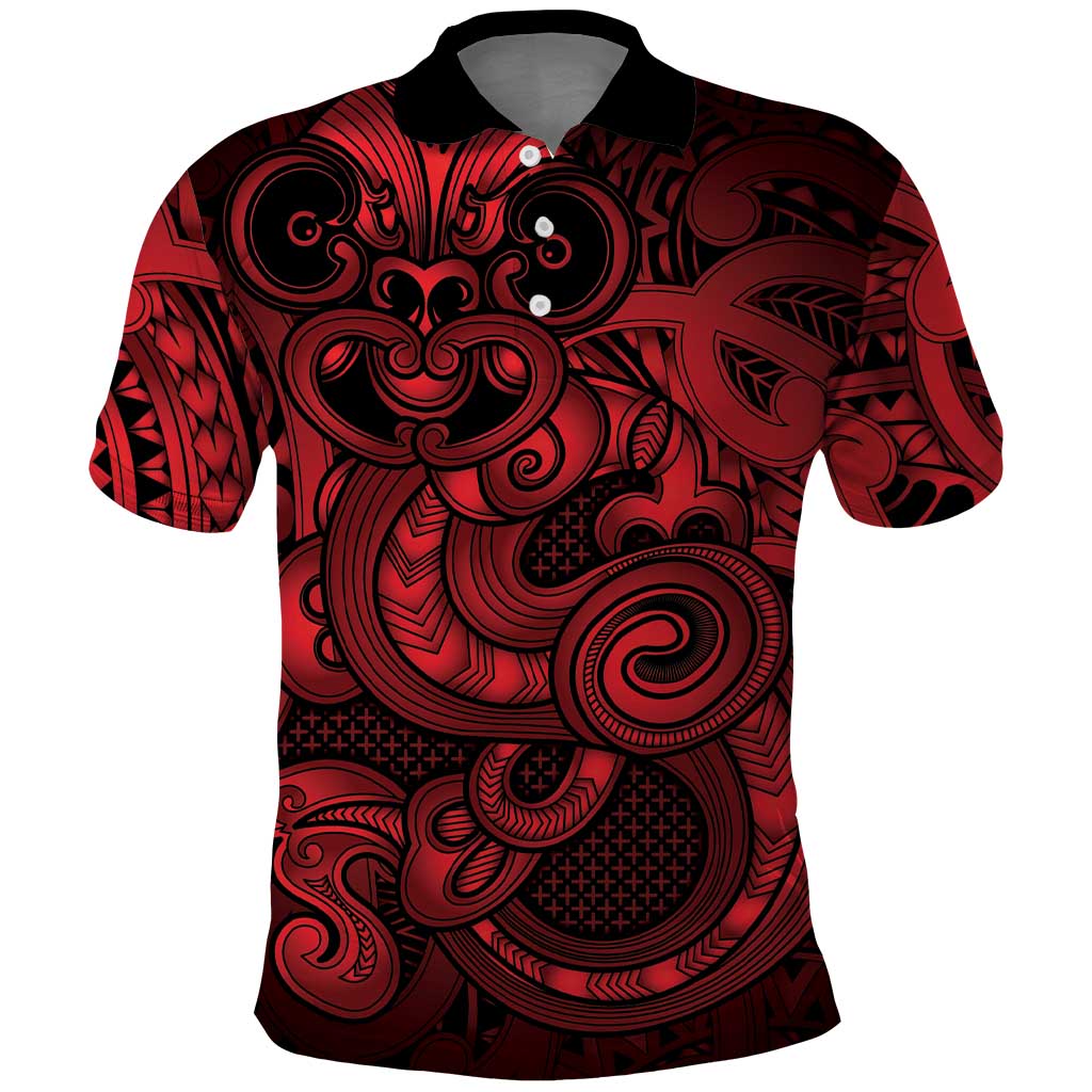 Aotearoa Maori Hei Tiki Polo Shirt Whero Kowhaiwhai Puhoro Motif LT9 Red - Polynesian Pride
