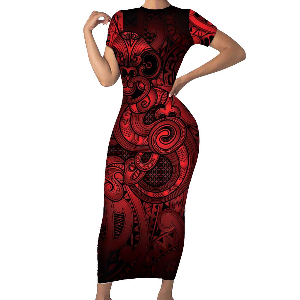 Aotearoa Maori Hei Tiki Short Sleeve Bodycon Dress Whero Kowhaiwhai Puhoro Motif LT9 Long Dress Red - Polynesian Pride