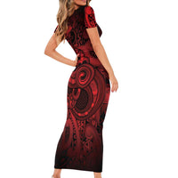 Aotearoa Maori Hei Tiki Short Sleeve Bodycon Dress Whero Kowhaiwhai Puhoro Motif LT9 - Polynesian Pride