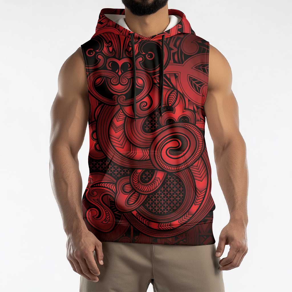 Aotearoa Maori Hei Tiki Sleeveless Hoodie Whero Kowhaiwhai Puhoro Motif