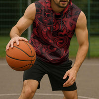 Aotearoa Maori Hei Tiki Sleeveless Hoodie Whero Kowhaiwhai Puhoro Motif