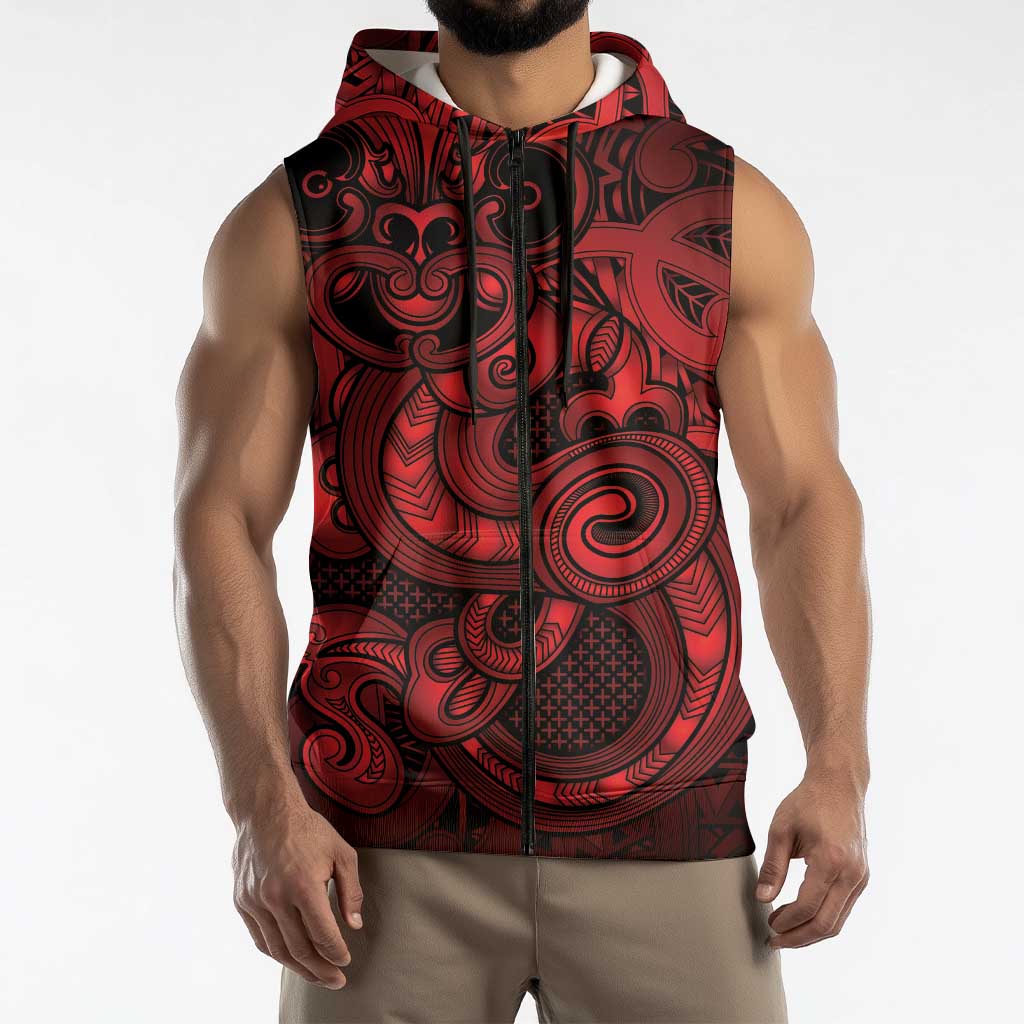 Aotearoa Maori Hei Tiki Sleeveless Zip Hoodie Whero Kowhaiwhai Puhoro Motif