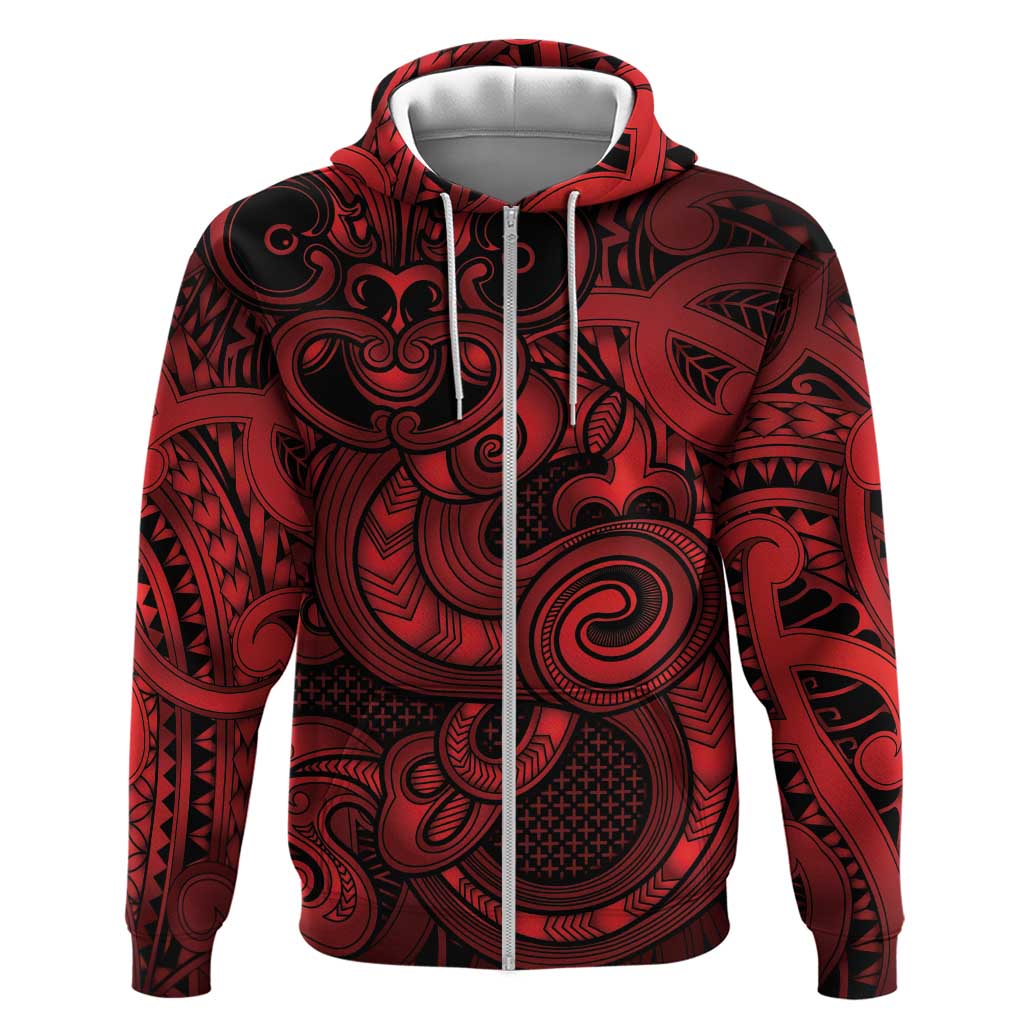 Aotearoa Maori Hei Tiki Zip Hoodie Whero Kowhaiwhai Puhoro Motif LT9 Zip Hoodie Red - Polynesian Pride