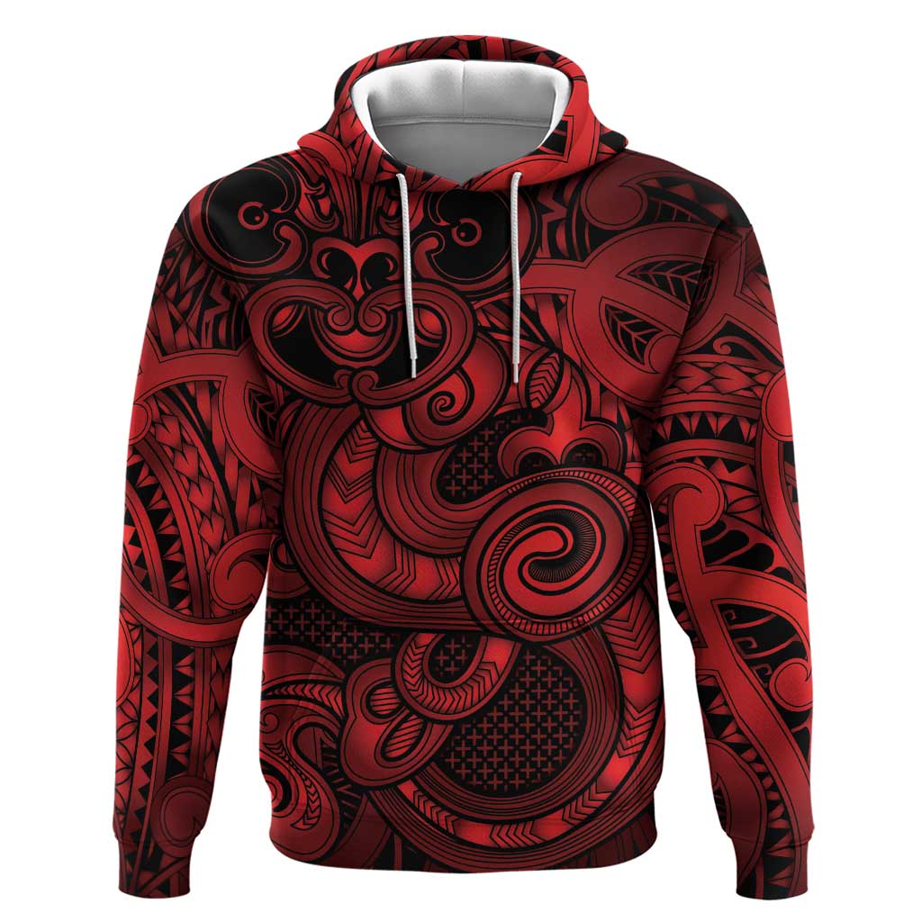 Aotearoa Maori Hei Tiki Zip Hoodie Whero Kowhaiwhai Puhoro Motif LT9 Pullover Hoodie Red - Polynesian Pride