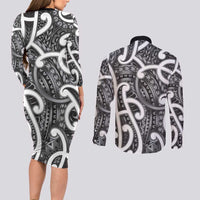 Aotearoa Maori Kowhaiwhai Couples Matching Long Sleeve Bodycon Dress and Long Sleeve Button Shirt Kiwikiwi Puhoro and Patiki