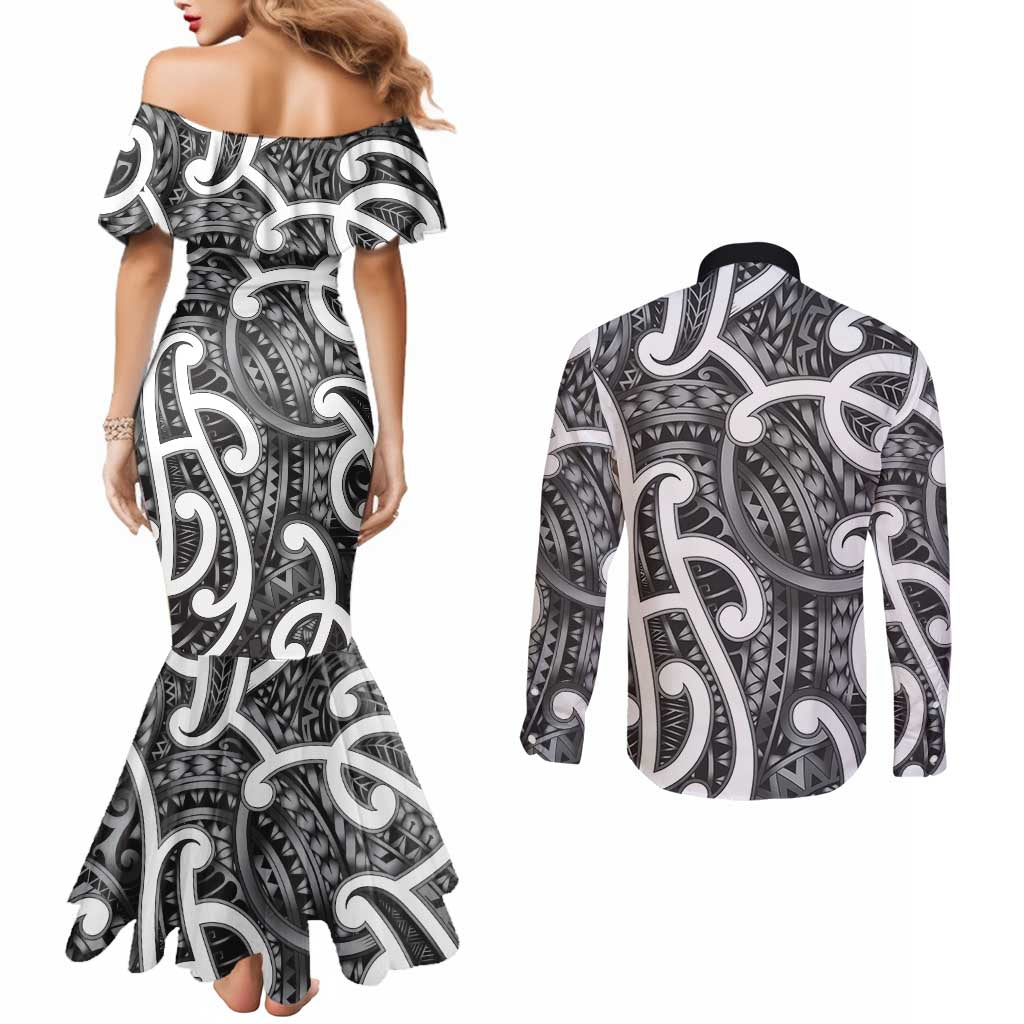 Aotearoa Maori Kowhaiwhai Couples Matching Mermaid Dress and Long Sleeve Button Shirt Kiwikiwi Puhoro and Patiki
