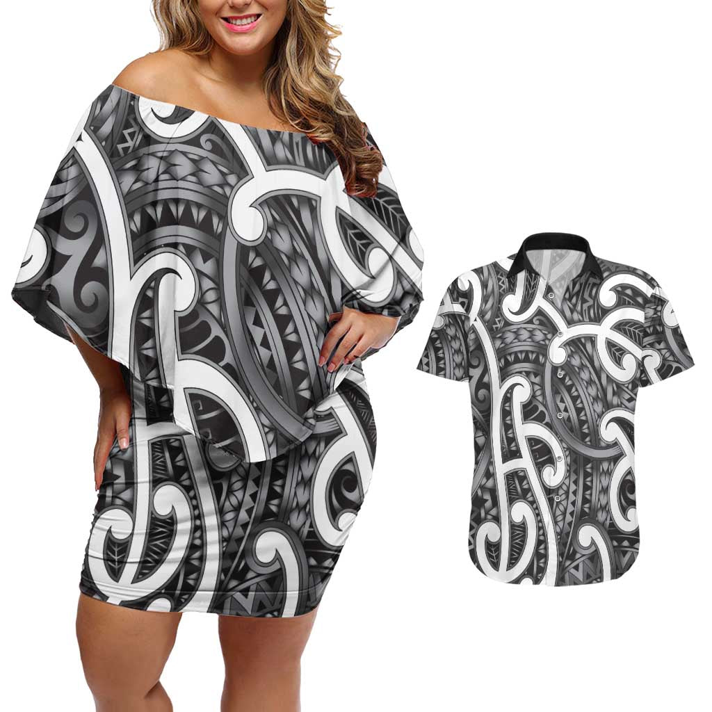 Aotearoa Maori Kowhaiwhai Couples Matching Off Shoulder Short Dress and Hawaiian Shirt Kiwikiwi Puhoro and Patiki