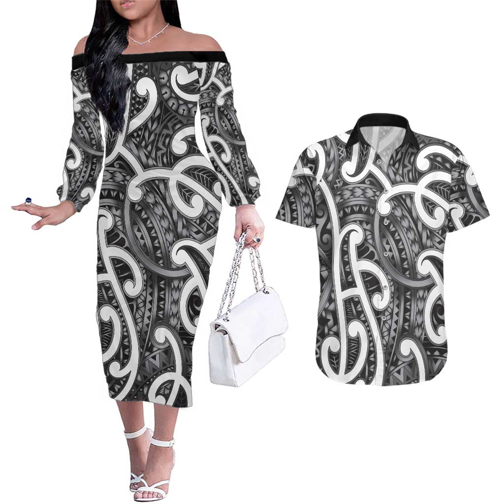 Aotearoa Maori Kowhaiwhai Couples Matching Off The Shoulder Long Sleeve Dress and Hawaiian Shirt Kiwikiwi Puhoro and Patiki LT9 Grey - Polynesian Pride