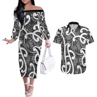 Aotearoa Maori Kowhaiwhai Couples Matching Off The Shoulder Long Sleeve Dress and Hawaiian Shirt Kiwikiwi Puhoro and Patiki LT9 Grey - Polynesian Pride