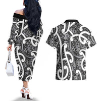 Aotearoa Maori Kowhaiwhai Couples Matching Off The Shoulder Long Sleeve Dress and Hawaiian Shirt Kiwikiwi Puhoro and Patiki LT9 - Polynesian Pride