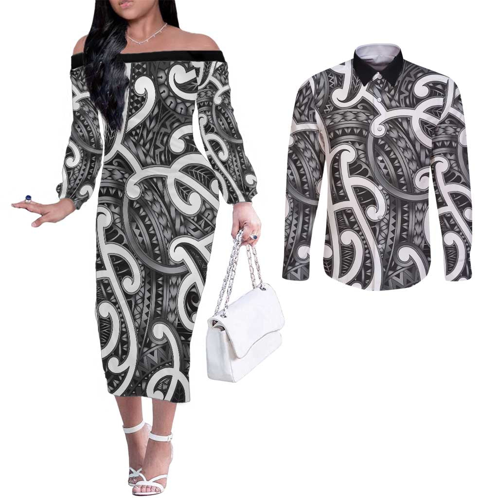 Aotearoa Maori Kowhaiwhai Couples Matching Off The Shoulder Long Sleeve Dress and Long Sleeve Button Shirt Kiwikiwi Puhoro and Patiki