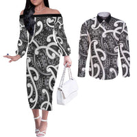 Aotearoa Maori Kowhaiwhai Couples Matching Off The Shoulder Long Sleeve Dress and Long Sleeve Button Shirt Kiwikiwi Puhoro and Patiki