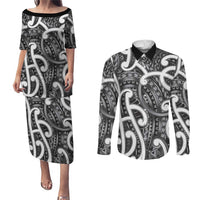 Aotearoa Maori Kowhaiwhai Couples Matching Puletasi and Long Sleeve Button Shirt Kiwikiwi Puhoro and Patiki LT9 Grey - Polynesian Pride