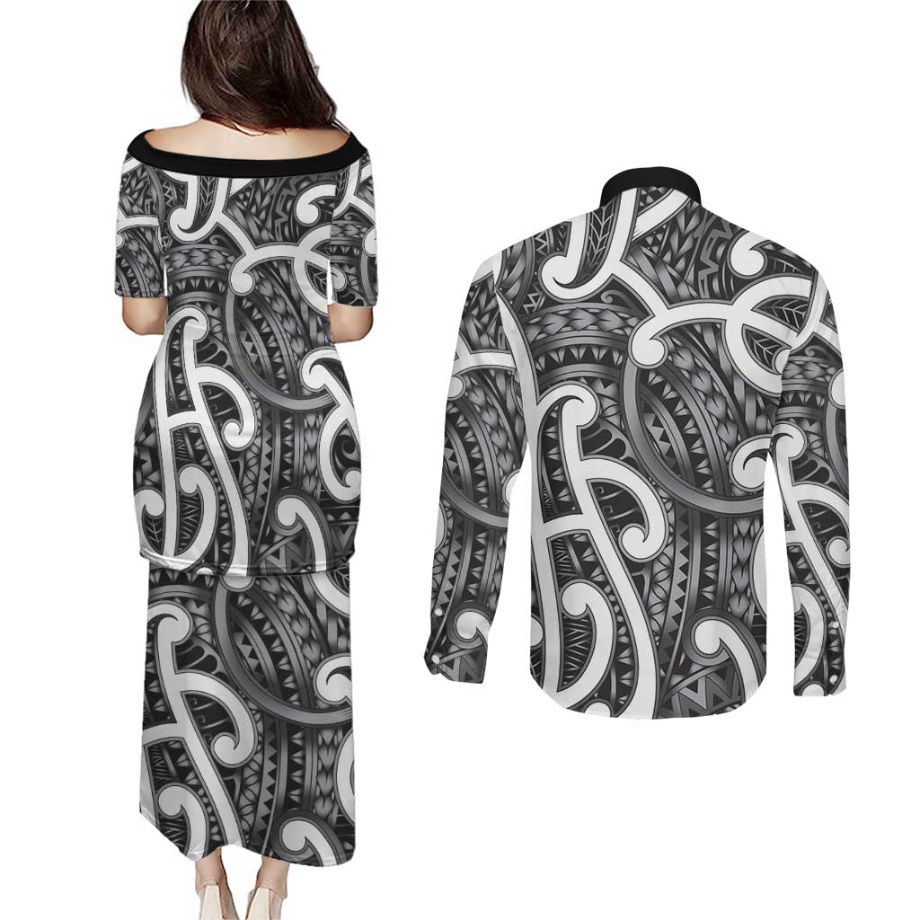 Aotearoa Maori Kowhaiwhai Couples Matching Puletasi and Long Sleeve Button Shirt Kiwikiwi Puhoro and Patiki LT9 - Polynesian Pride