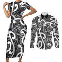 Aotearoa Maori Kowhaiwhai Couples Matching Short Sleeve Bodycon Dress and Long Sleeve Button Shirt Kiwikiwi Puhoro and Patiki
