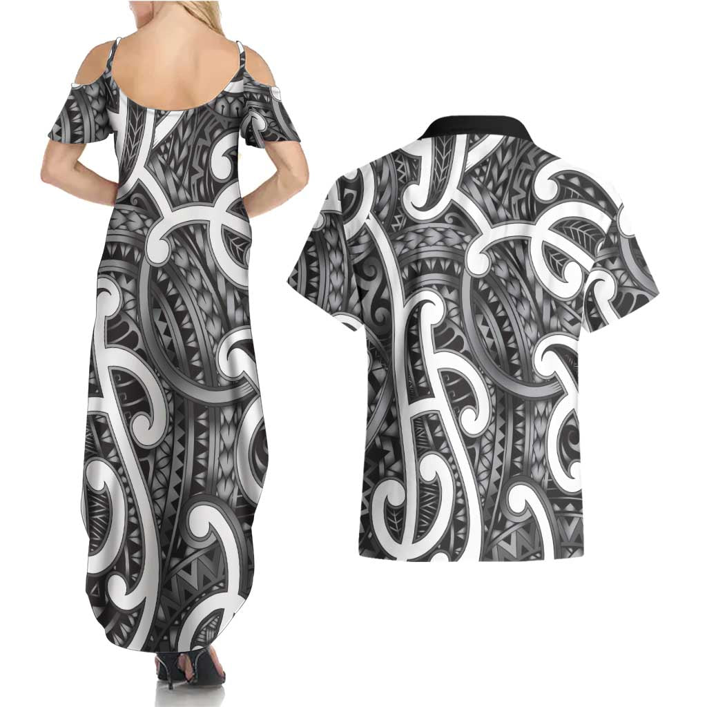 Aotearoa Maori Kowhaiwhai Couples Matching Summer Maxi Dress and Hawaiian Shirt Kiwikiwi Puhoro and Patiki