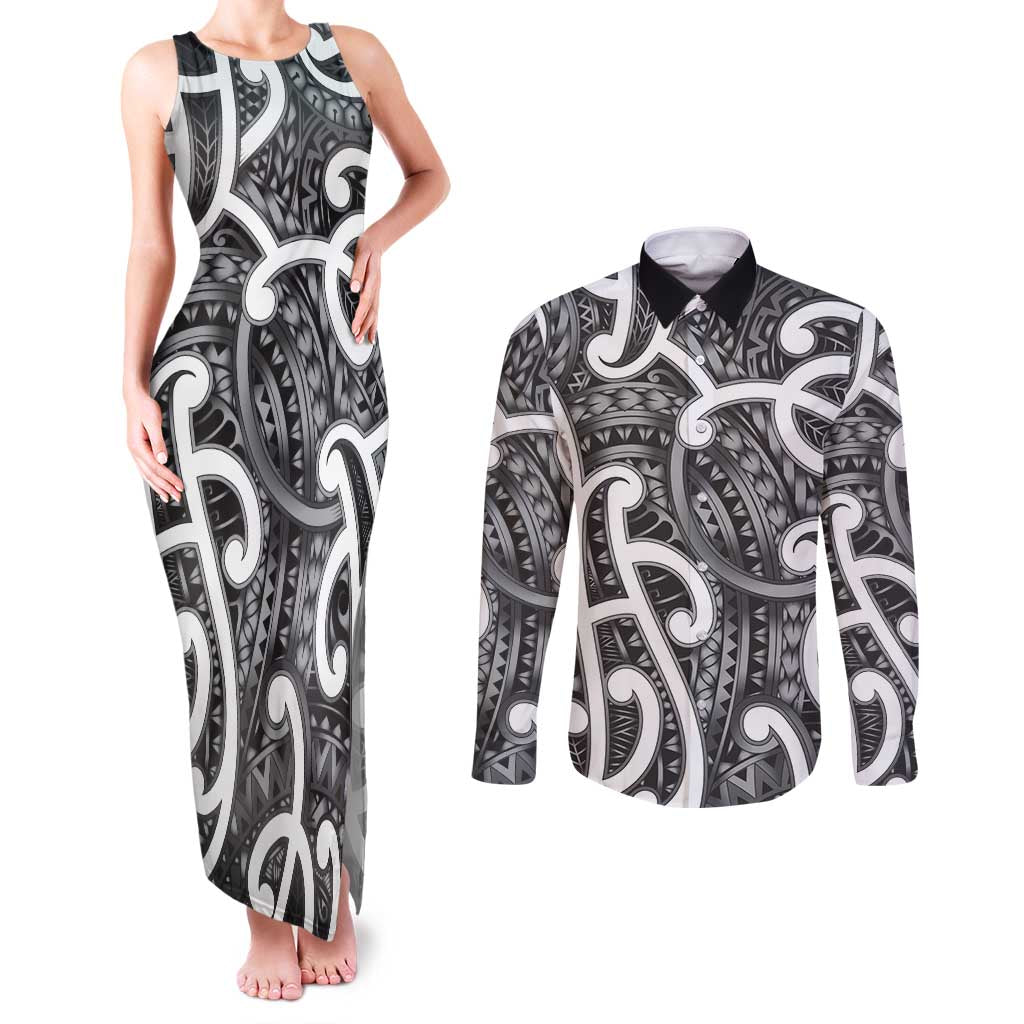 Aotearoa Maori Kowhaiwhai Couples Matching Tank Maxi Dress and Long Sleeve Button Shirt Kiwikiwi Puhoro and Patiki