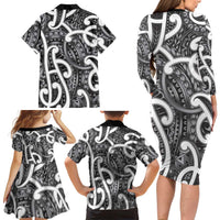 Aotearoa Maori Kowhaiwhai Family Matching Long Sleeve Bodycon Dress and Hawaiian Shirt Kiwikiwi Puhoro and Patiki
