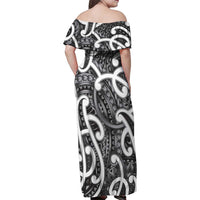 Aotearoa Maori Kowhaiwhai Family Matching Off Shoulder Maxi Dress and Hawaiian Shirt Kiwikiwi Puhoro and Patiki