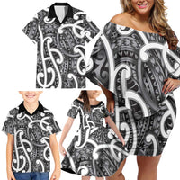 Aotearoa Maori Kowhaiwhai Family Matching Off Shoulder Short Dress and Hawaiian Shirt Kiwikiwi Puhoro and Patiki