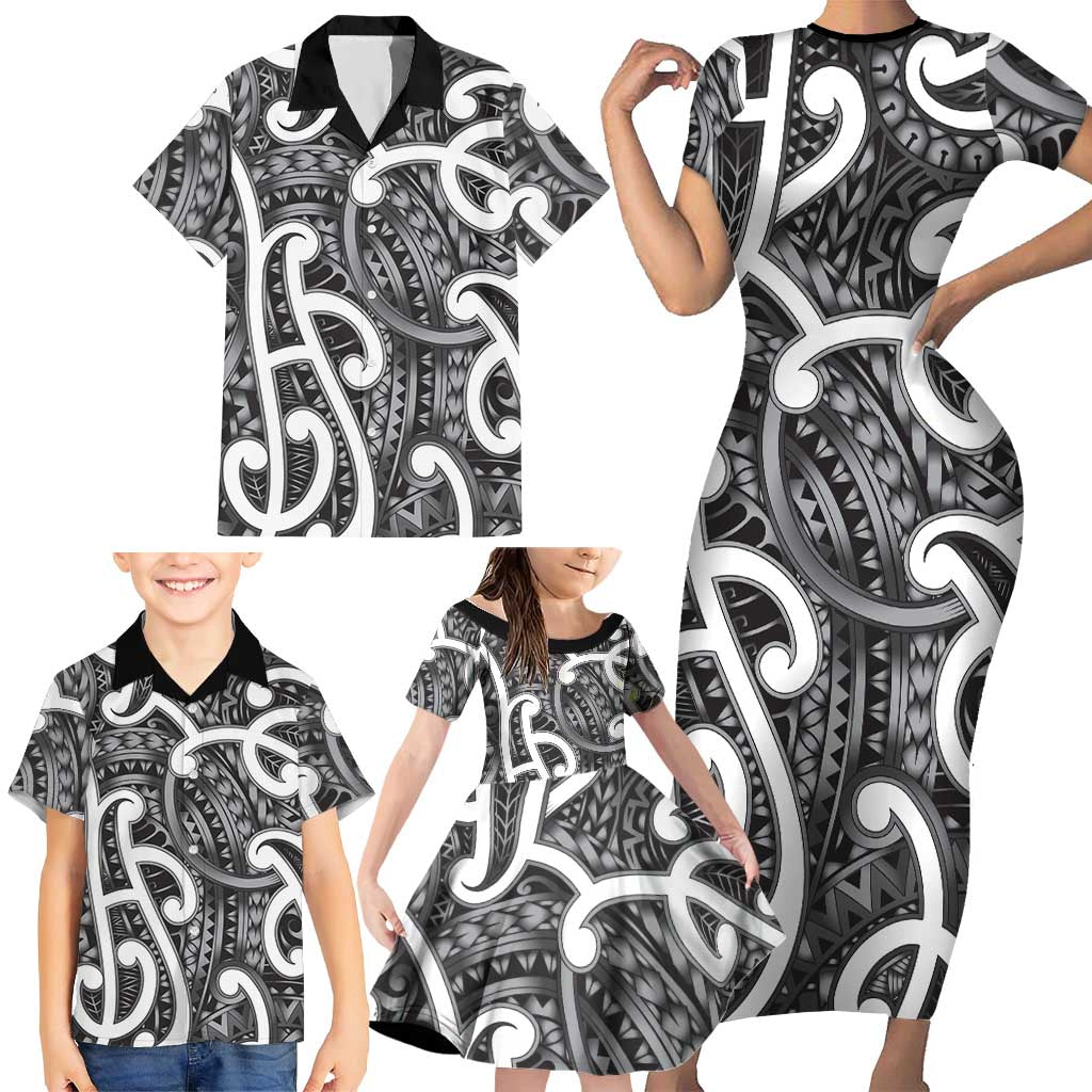 Aotearoa Maori Kowhaiwhai Family Matching Short Sleeve Bodycon Dress and Hawaiian Shirt Kiwikiwi Puhoro and Patiki