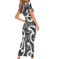 Aotearoa Maori Kowhaiwhai Family Matching Short Sleeve Bodycon Dress and Hawaiian Shirt Kiwikiwi Puhoro and Patiki