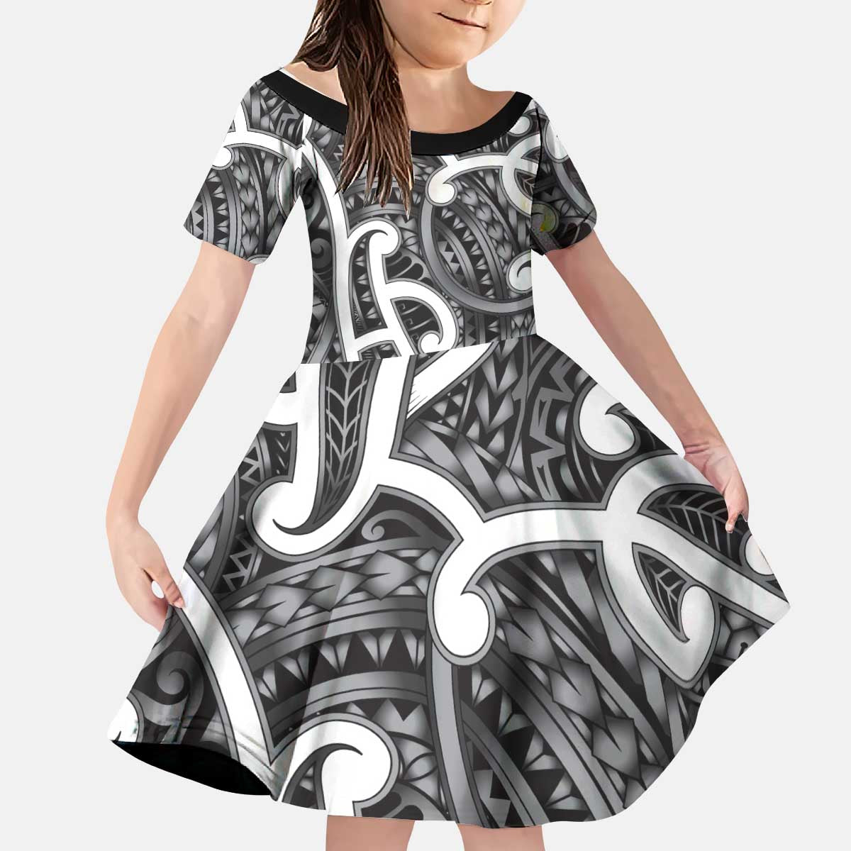 Aotearoa Maori Kowhaiwhai Kid Short Sleeve Dress Kiwikiwi Puhoro and Patiki