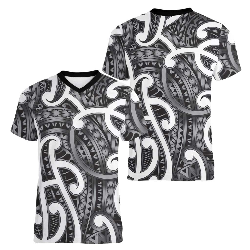 Aotearoa Maori Kowhaiwhai Women V-Neck T-Shirt Kiwikiwi Puhoro and Patiki