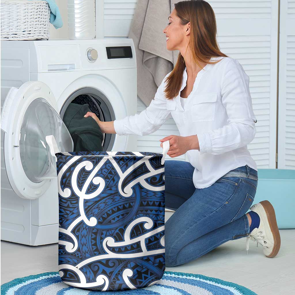 Aotearoa Maori Kowhaiwhai Laundry Basket Kikorangi Puhoro and Patiki