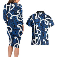 Aotearoa Maori Kowhaiwhai Couples Matching Long Sleeve Bodycon Dress and Hawaiian Shirt Kikorangi Puhoro and Patiki