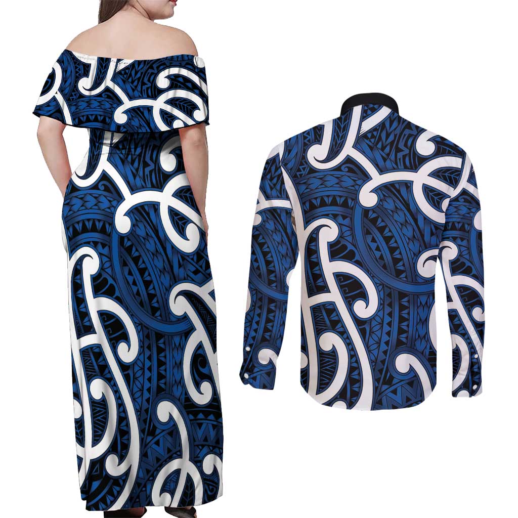 Aotearoa Maori Kowhaiwhai Couples Matching Off Shoulder Maxi Dress and Long Sleeve Button Shirt Kikorangi Puhoro and Patiki